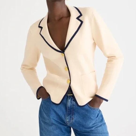 J. CREW Tipped Sweater Blazer Cream Navy Blue Sz 3X {3N40} - Picture 1 of 7